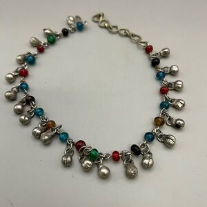 Silver, Red and Blue Beaded Ankle Charm Bracelet